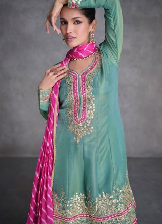 Aqua Blue Organza Salwar Suit with Embroidered Work