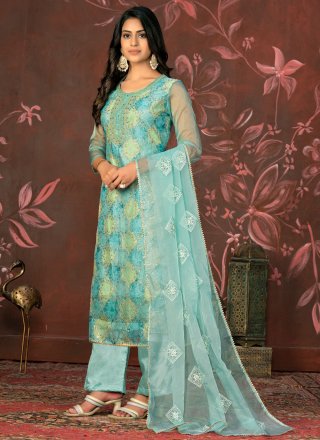 Aqua Blue Organza Salwar Suit with Embroidered Work for Ceremonial