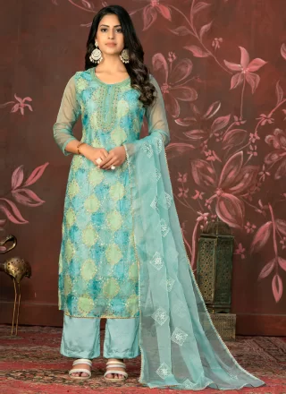 Aqua Blue Organza Salwar Suit with Embroidered Work for Ceremonial