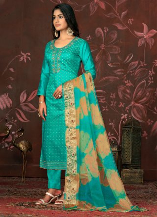 Aqua Blue Organza Salwar Suit with Hand and Woven Work for Ceremonial