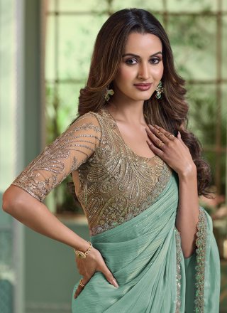 Aqua Blue Patch Border Work Chiffon Trendy Saree