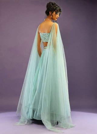 Aqua Blue Plain Work Faux Georgette Lehenga Choli