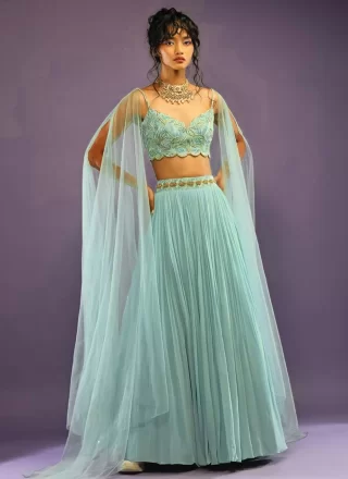 Aqua Blue Plain Work Faux Georgette Lehenga Choli