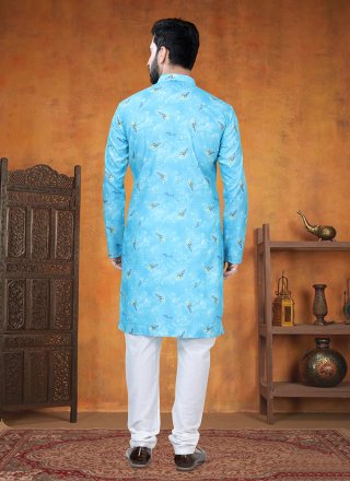 Aqua Blue Print Work Cotton Kurta Pyjama