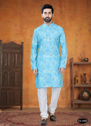 Aqua Blue Print Work Cotton Kurta Pyjama