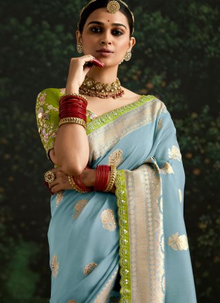 Aqua Blue Pure Dola Patch Border, Embroidered, Sequins and Zari Work Designer Saree for Ceremonial
