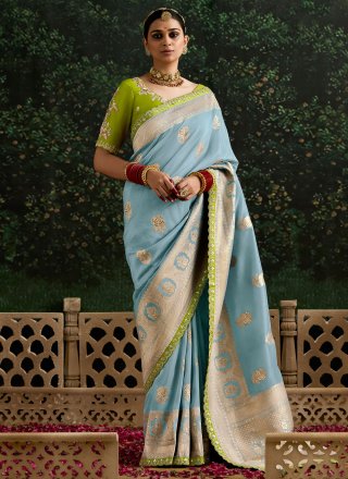 Aqua Blue Pure Dola Patch Border, Embroidered, Sequins and Zari Work Designer Saree for Ceremonial