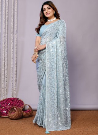 Aqua Blue Pure Georgette Cut Dana, Sequins and Thread Work Designer Sari for Ceremonial
