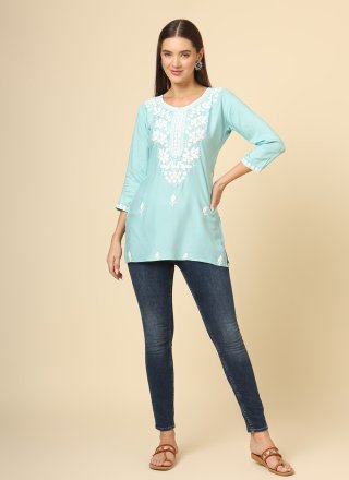 Aqua Blue Rayon Chikankari, Embroidered and Thread Work Party Wear Kurti for Women