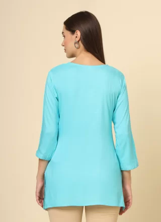 Aqua Blue Rayon Designer Kurti with Chikankari, Embroidered and Lucknowi Work Work
