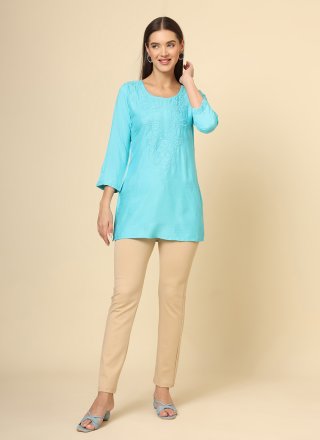 Aqua Blue Rayon Designer Kurti with Chikankari, Embroidered and Lucknowi Work Work