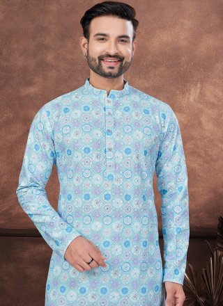 Aqua Blue Rayon Digital Print and Embroidered Work Kurta Pyjama