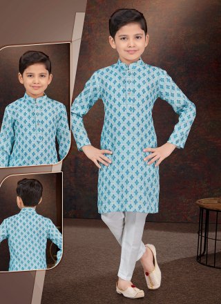 Aqua Blue Rayon Kurta Pyjama with Digital Print and Machine Embroidery Work for Ceremonial