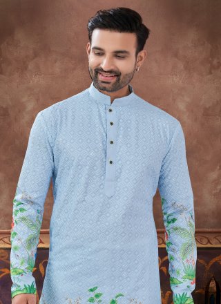 Aqua Blue Rayon Kurta Pyjama with Digital Print Work for Ceremonial