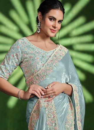 Aqua Blue Satin Silk Embroidered and Sequins Work Trendy Saree
