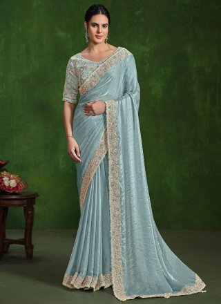 Aqua Blue Satin Silk Embroidered and Sequins Work Trendy Saree