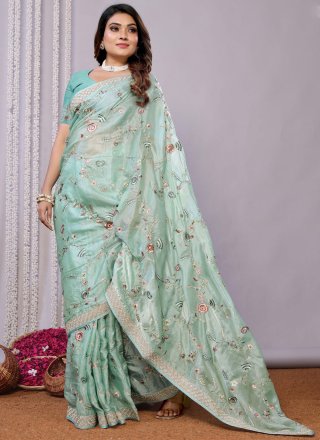 Aqua Blue Satin Silk Embroidered, Stone, Thread and Zari Work Contemporary Sari for Ceremonial