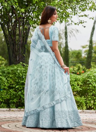 Aqua Blue Satin Silk Embroidered Work A - Line Lehenga Choli for Women