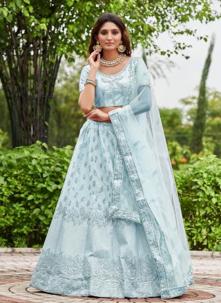 Aqua Blue Satin Silk Embroidered Work A - Line Lehenga Choli for Women
