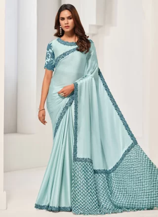 Aqua Blue Satin Silk Patch Border and Embroidered Work Contemporary Saree