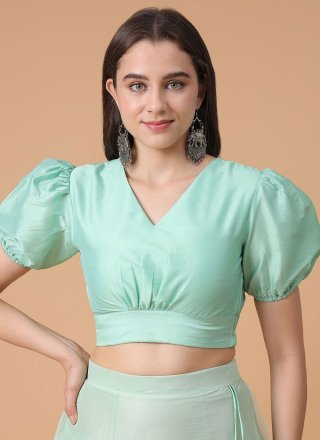 Aqua Blue Satin Silk Plain Work Designer Blouse for Ceremonial