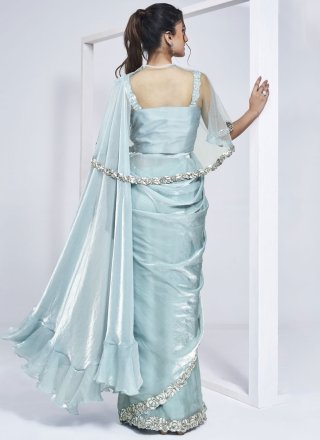 Aqua Blue Satin Silk Traditional Saree