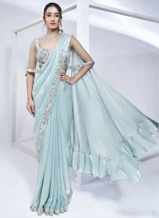 Aqua Blue Satin Silk Traditional Saree