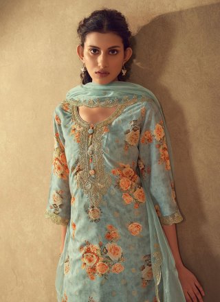 Aqua Blue Silk Blend Embroidered Work Trendy Suit for Women