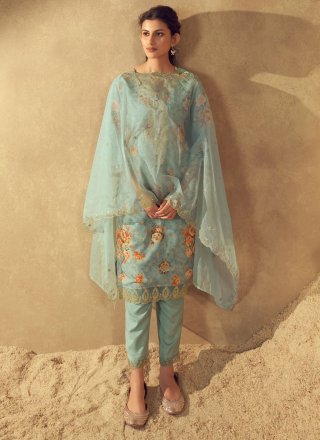 Aqua Blue Silk Blend Embroidered Work Trendy Suit for Women