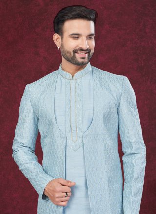 Aqua Blue Silk Buttons, Machine Embroidery and Thread Work Sherwani Mens Wear for Men
