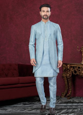 Aqua Blue Silk Buttons, Machine Embroidery and Thread Work Sherwani Mens Wear for Men