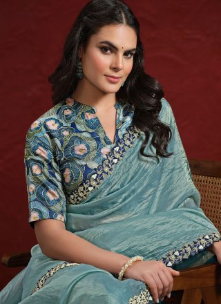 Aqua Blue Silk Cut, Embroidered and Sequins Work Traditional Saree for Women