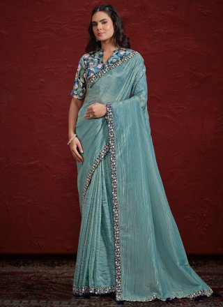 Aqua Blue Silk Cut, Embroidered and Sequins Work Traditional Saree for Women