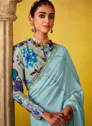 Aqua Blue Silk Cut, Embroidered, Sequins and Stone Work Trendy Saree