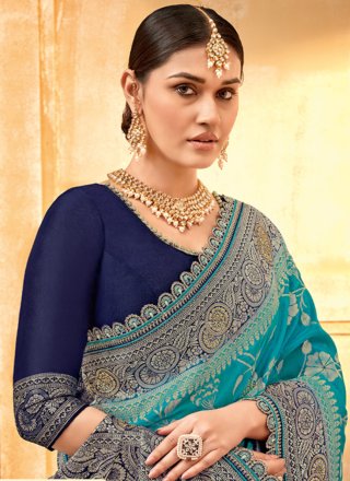 Aqua Blue Silk Designer Sari