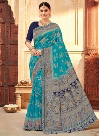Aqua Blue Silk Designer Sari