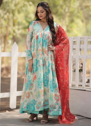 Aqua Blue Silk Digital Print Work Gown for Women