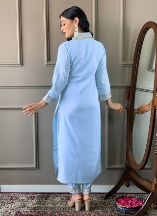 Aqua Blue Silk Embroidered and Print Work Trendy Suit