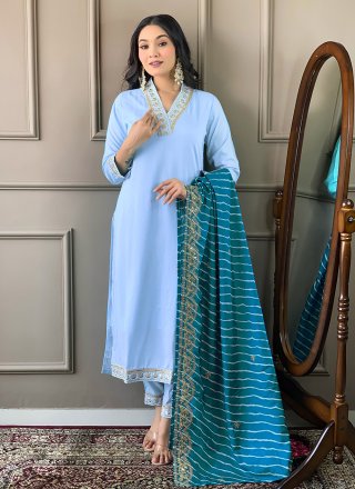 Aqua Blue Silk Embroidered and Print Work Trendy Suit