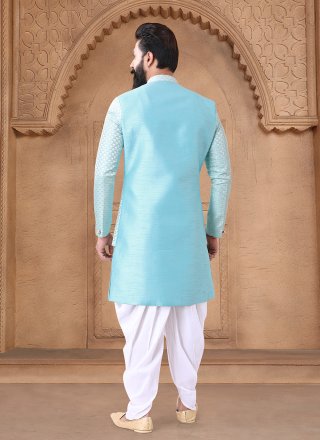 Aqua Blue Silk Embroidered and Sequins Work Sherwani Mens Wear