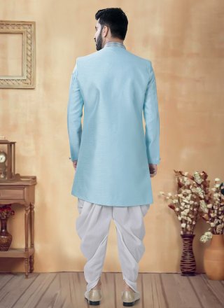 Aqua Blue Silk Embroidered, Sequins and Thread Work Sherwani Mens Wear