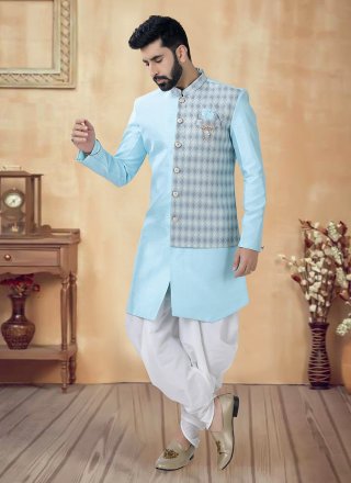 Aqua Blue Silk Embroidered, Sequins and Thread Work Sherwani Mens Wear