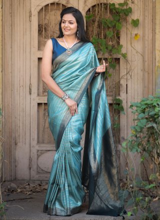 Aqua Blue Silk Jacquard Work Classic Saree for Women