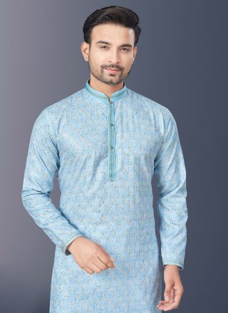 Aqua Blue Silk Kurta Pyjama with Digital Print Work