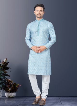 Aqua Blue Silk Kurta Pyjama with Digital Print Work