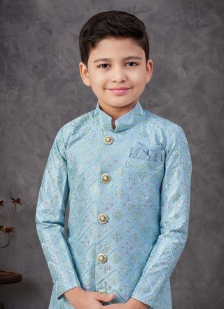 Aqua Blue Silk Machine Embroidery, Sequins and Thread Work Indo Western Sherwani