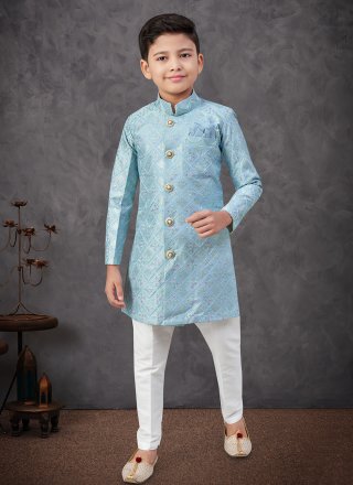 Aqua Blue Silk Machine Embroidery, Sequins and Thread Work Indo Western Sherwani