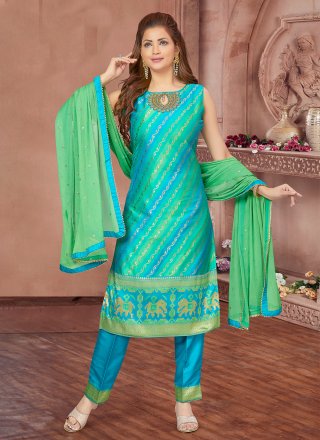 Aqua Blue Silk Salwar Suit with Embroidered and Woven Work for Women