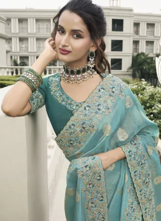 Aqua Blue Tussar Silk Patch Border, Embroidered, Moti, Stone, Weaving and Zari Work Contemporary Sari