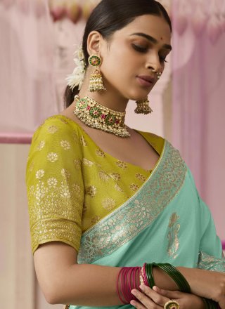 Aqua Blue Viscose Classic Sari with Floral Patch and Weaving Work for Ceremonial
